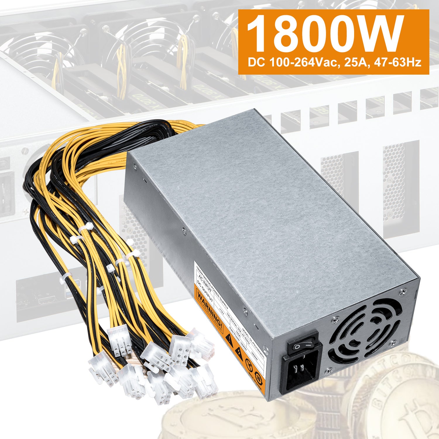 1800W Mining Power Supply Bitcoin Ethereum Miner 110V (100~240v) AC to DC Full 150A PSU GPU BTC ETH Graphics Video Card 2U