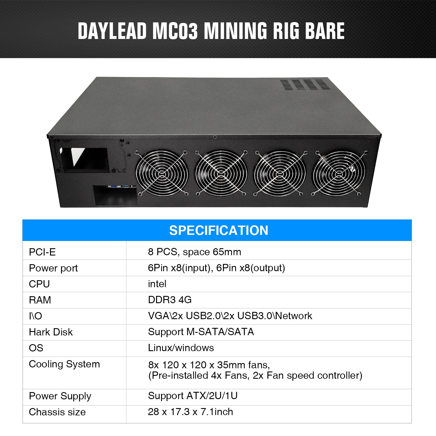 MC03 Mining Rig Case 8 GPU Mining Case Support 8 Cooling Fans(4 Preinstalled) and Mining Motherboard (Without GPU, PSU) for BTC/ETH/ZEC GPU Mining Rig
